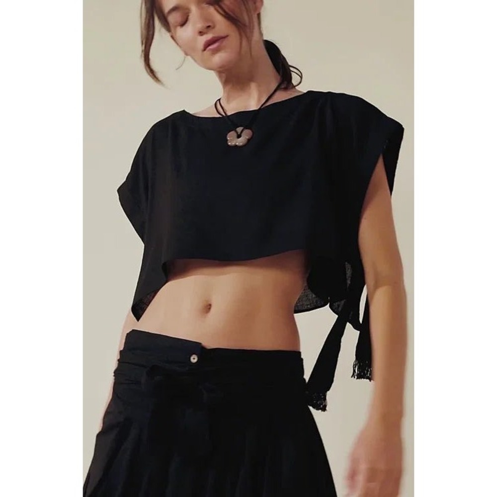 Free People Sz XS Black Sundown Open Side Tie Boxy Oversized Crop Top Cover Up